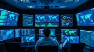 Network security operations center with multiple monitors displaying threat data, analysts monitoring security dashboards, blue and green data visualizations, professional cybersecurity environment, photorealistic