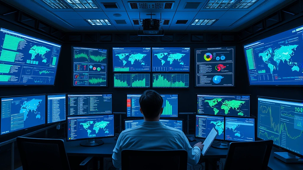 Network security operations center with multiple monitors displaying threat data, analysts monitoring security dashboards, blue and green data visualizations, professional cybersecurity environment, photorealistic