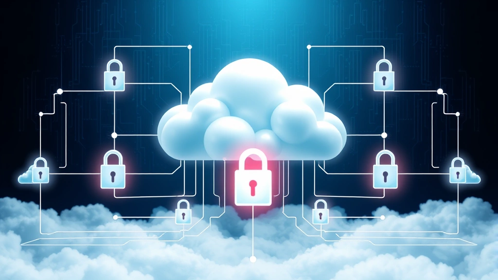 Cloud infrastructure security visualization showing interconnected systems with security locks and shields, multi-cloud environment protection, digital security barriers, modern tech aesthetic