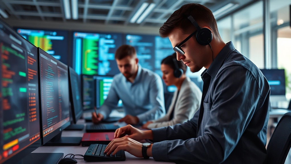 Cybersecurity team conducting threat investigation with digital forensics, analysts examining security alerts and event logs, collaborative security operations environment, modern office setting