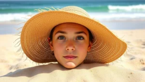 Wide-brimmed straw hat on sandy beach with ocean backdrop, sunlight casting shadows on face, realistic texture and weave detail, no text or logos visible