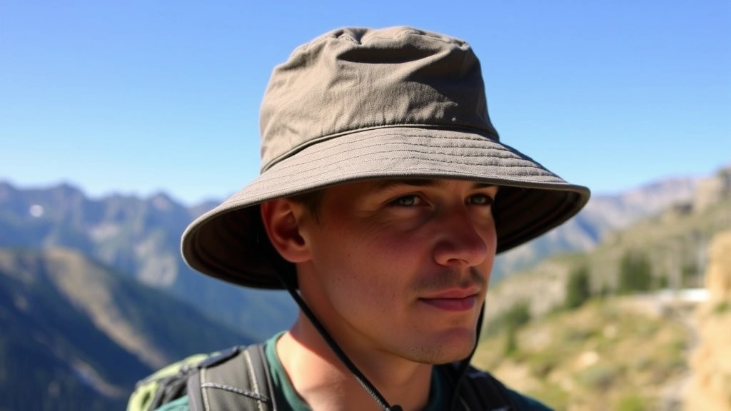 Person wearing structured bucket hat during outdoor hiking in mountain landscape, natural daylight showing shadow coverage on face and neck area, realistic fabric detail