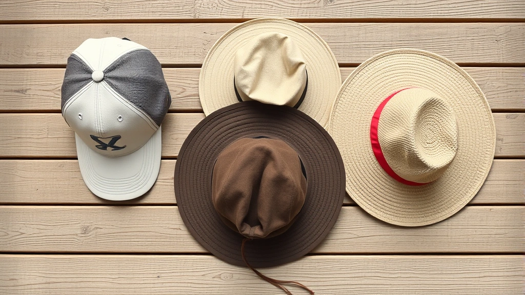 Overhead view of various UV-protective hats displayed on wooden surface, including baseball cap, wide-brimmed option, and bucket hat styles, natural lighting showing material textures