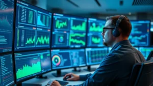 Professional cybersecurity analyst monitoring multiple security dashboards on large displays in a modern SOC environment, blue and green data visualizations, serious focused expression, high-tech control room atmosphere