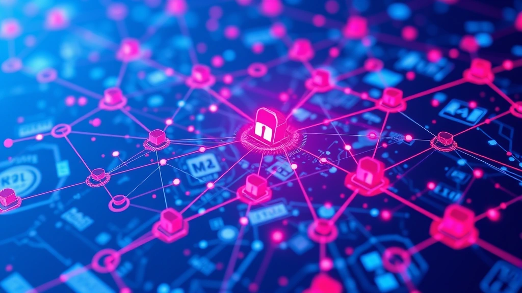 Network security infrastructure visualization showing interconnected nodes and data flow patterns, digital representation of threat detection and prevention, abstract blue and red network topology diagram
