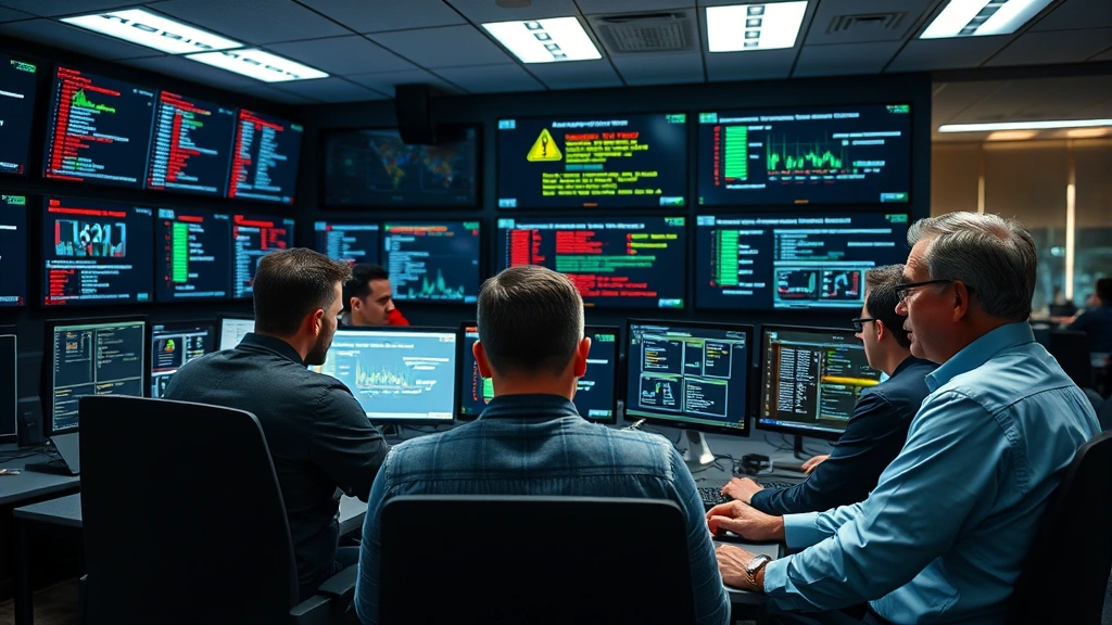 Incident response team collaborating in a secure operations center, multiple team members reviewing alerts and coordinating response actions, professional security operations environment with multiple monitors displaying threat data
