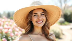 Woman wearing wide-brimmed beige sun hat outdoors in bright sunlight, smiling confidently, natural garden setting with blooming flowers and trees in background, soft shadows from hat brim visible on face, professional photography style