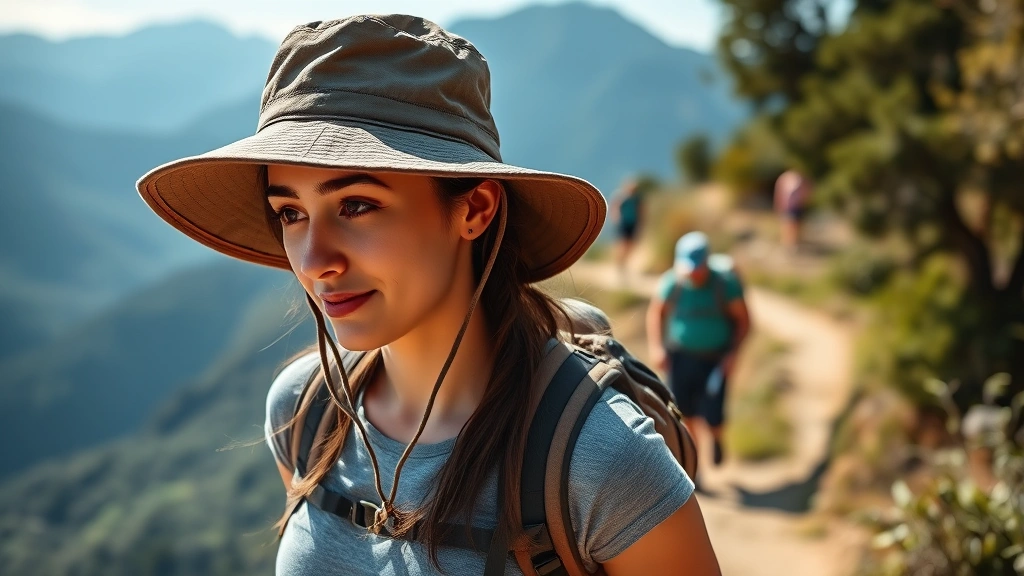 Woman hiking on trail wearing bucket hat with chin strap, mountain landscape scenery, active outdoor setting, sun protection in natural environment, professional outdoor photography style