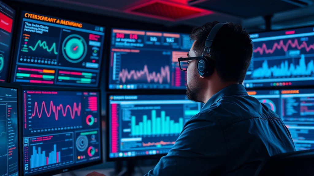 Professional cybersecurity expert monitoring multiple digital security dashboards with threat alerts and real-time data visualization on screens in a modern SOC environment