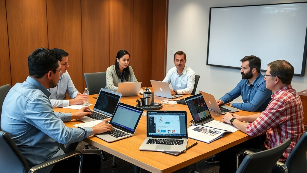 Business continuity team conducting incident response tabletop exercise with team members collaborating around conference table with laptops and documentation