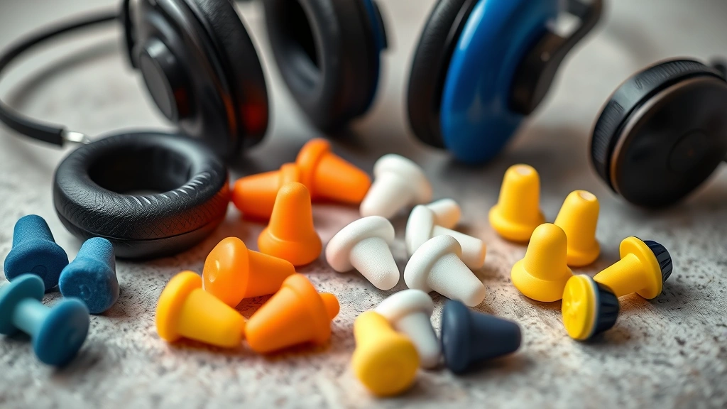 Close-up of various hearing protection devices including foam earplugs and pre-molded plugs arranged on neutral surface, professional product photography style, realistic materials visible, no text or branding visible