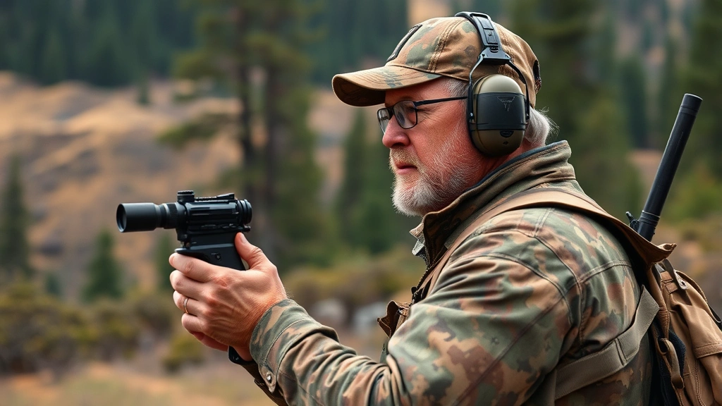 Experienced hunter in field gear checking hearing protection equipment before hunt, natural wilderness background with trees and terrain, photorealistic outdoor scene, no visible text or alerts