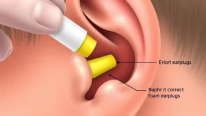 Close-up of foam earplugs being inserted into an ear canal with proper technique demonstration, showing correct depth and placement, professional medical illustration style, realistic skin tones, no text or labels