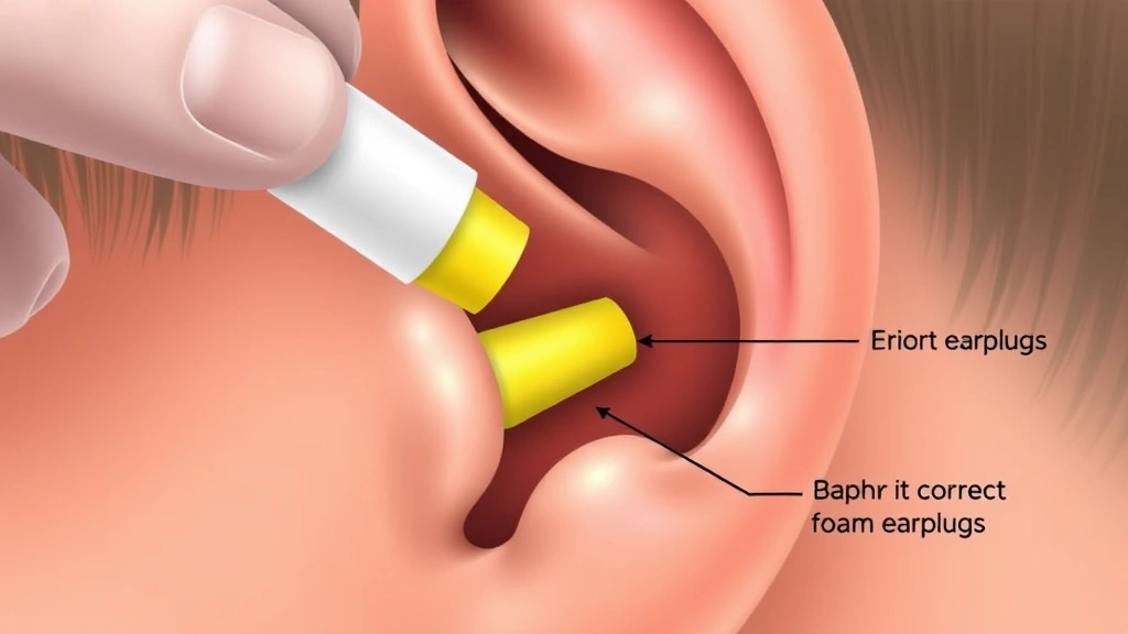 Close-up of foam earplugs being inserted into an ear canal with proper technique demonstration, showing correct depth and placement, professional medical illustration style, realistic skin tones, no text or labels