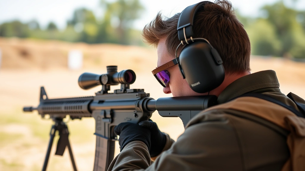 Competitive shooter wearing electronic earmuffs at outdoor range with rifle positioned safely, daylight natural lighting, showing device fit and positioning on head, realistic photography, no visible text on equipment
