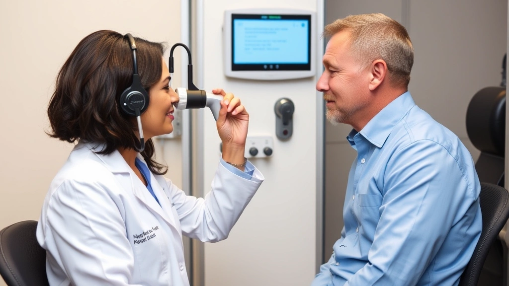 Audiologist performing hearing test with patient in soundproof booth, showing otoscope examination, professional medical environment, realistic clinical setting, no visible test results or text displays
