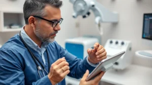 Professional hearing aid specialist examining modern digital hearing device with security interface displayed on nearby tablet screen, clinical setting with soft lighting and medical equipment