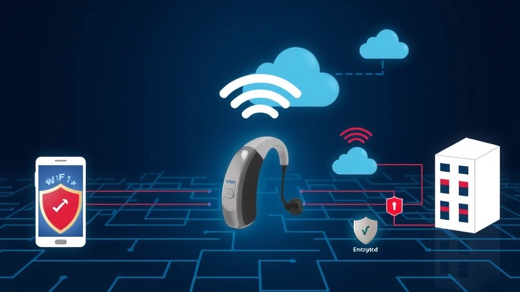 Network security diagram visualization showing hearing aid device connected through encrypted WiFi to smartphone and cloud server, with security protocols and firewall shields illustrated, cybersecurity themed
