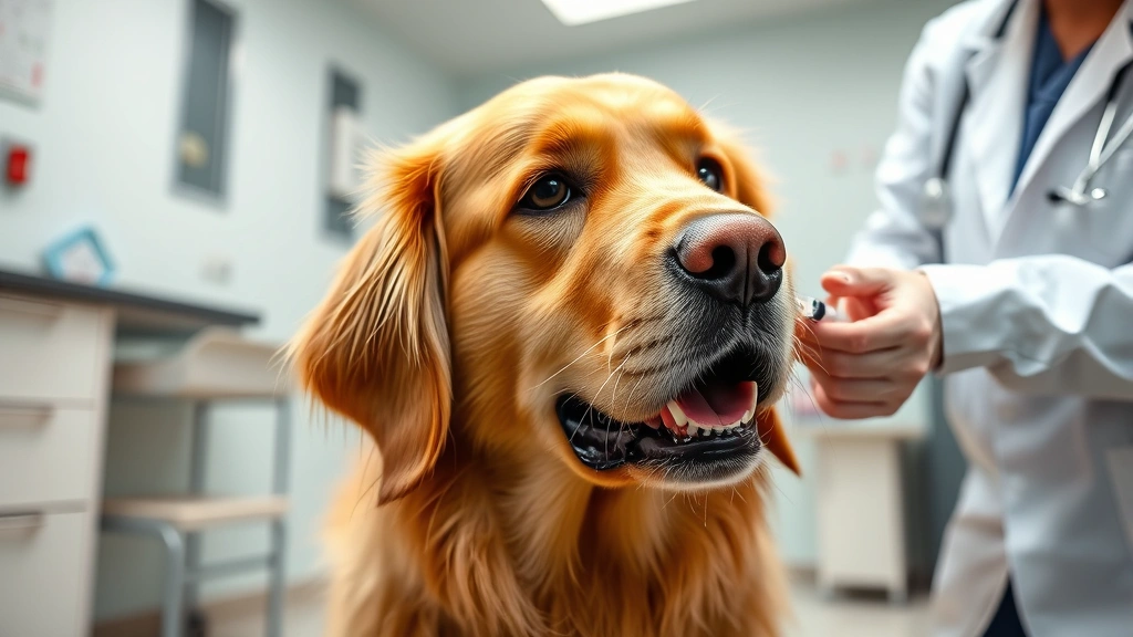 A golden retriever receiving a veterinary injection in a clean clinic setting, veterinarian in white coat administering vaccine, calm dog, professional medical environment, warm lighting, close-up on injection site, photorealistic
