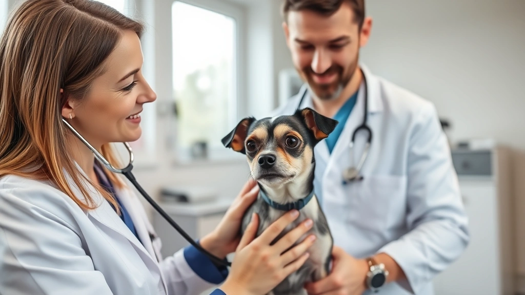 A veterinarian examining a small dog with stethoscope during annual checkup, clinic interior background, medical equipment visible, caring professional interaction, natural lighting through windows, both subjects focused and calm