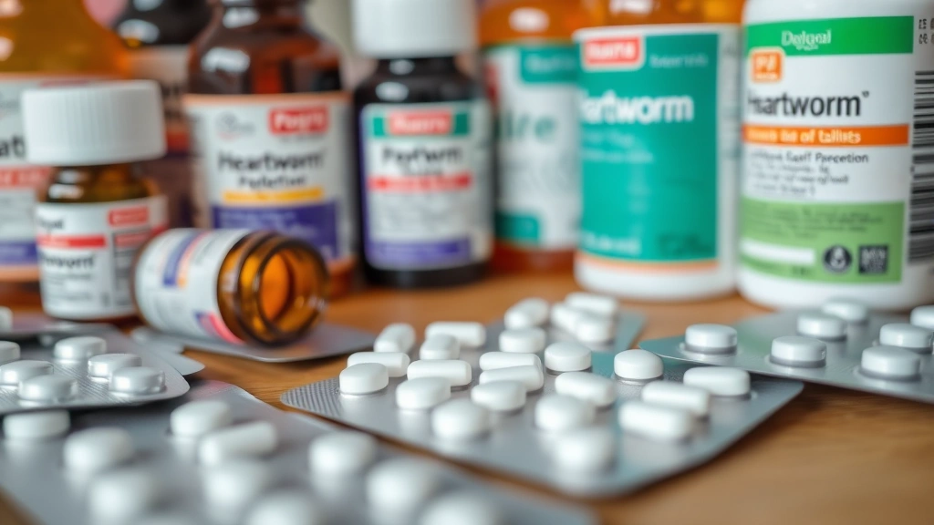 Close-up of various heartworm prevention medication packages and pills arranged on wooden surface, prescription bottles with labels, blister packs, professional pharmaceutical display, soft natural lighting, shallow depth of field