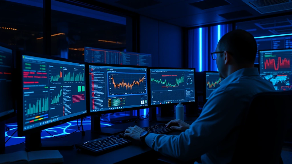 Cybersecurity analyst monitoring multiple dashboard screens displaying real-time threat detection alerts and network traffic analysis in a modern security operations center with ambient blue lighting