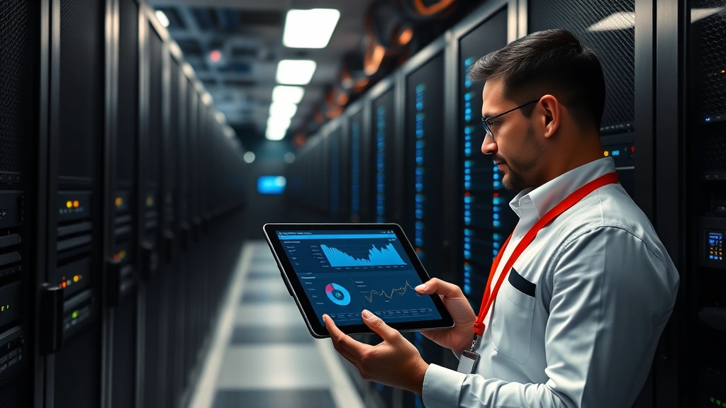 Enterprise data center with rows of servers and network infrastructure, security engineer reviewing cloud-based threat detection dashboard on tablet device, professional environment