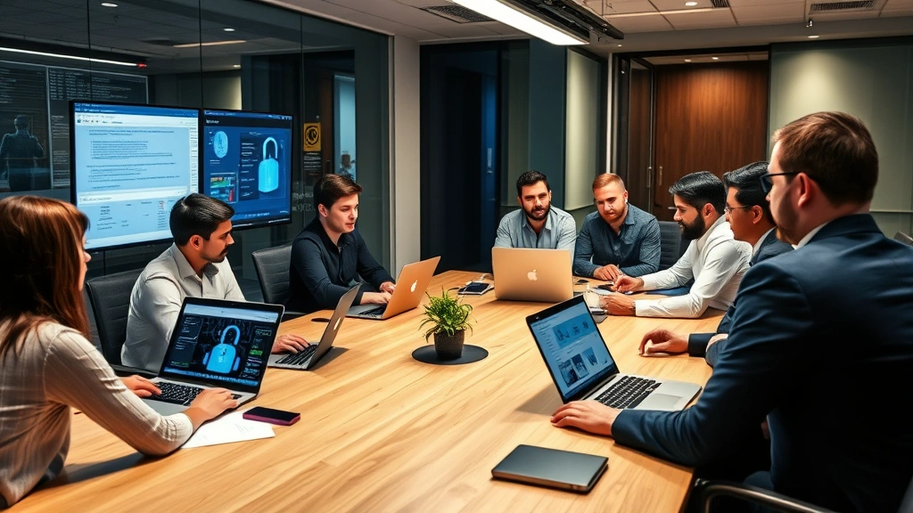 Diverse cybersecurity team collaborating around conference table reviewing incident response procedures, laptop screens showing security dashboards and threat intelligence reports in corporate office setting