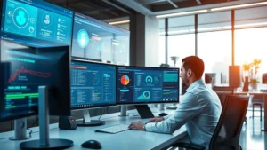 Professional cybersecurity analyst at modern workstation monitoring network security dashboard with multiple screens displaying threat detection alerts and system status indicators in sleek tech environment