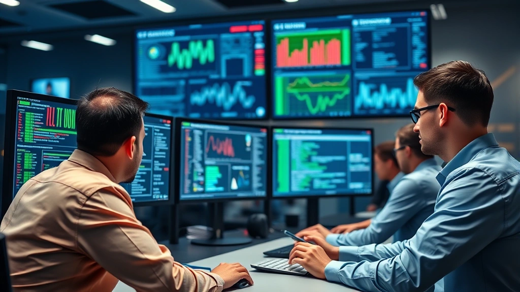 Close-up of advanced security operations center with team members collaborating on incident response, computer monitors showing real-time threat intelligence and security metrics in contemporary office