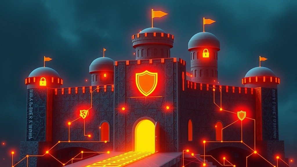 Digital fortress concept showing layered security protection with glowing shield icons and interconnected security nodes representing antivirus, firewall, and threat detection systems working together