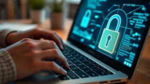 Close-up of person typing on laptop keyboard with padlock icon glowing above screen, representing digital security and data protection in home office environment