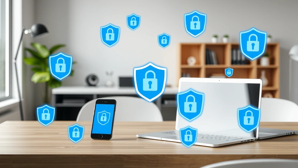 Modern home office setup showing multiple devices (smartphone, tablet, laptop) with blue shield icons and lock symbols floating around them, depicting comprehensive device protection