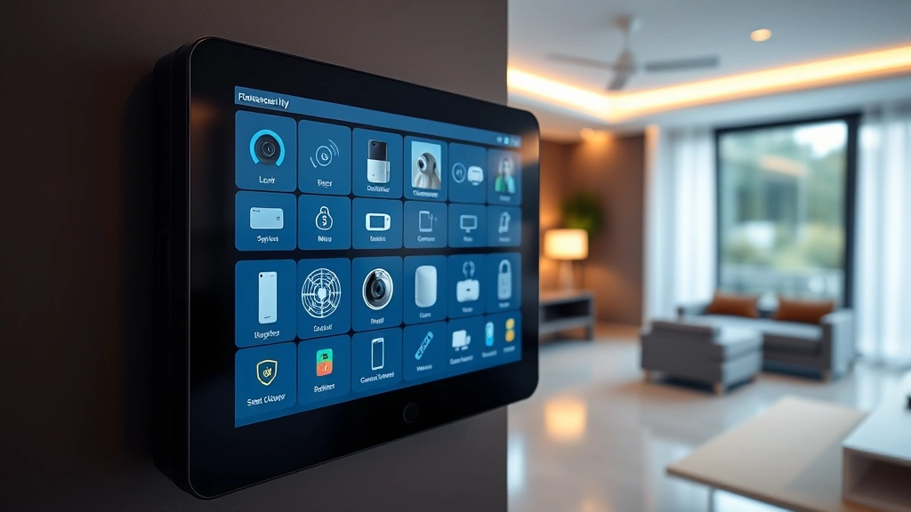 Modern home security control panel with multiple connected IoT devices displayed on digital interface, showing smart locks, cameras, and sensors in sleek residential setting, warm ambient lighting, professional security monitoring environment