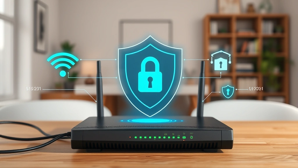 Residential router with security shield overlay, network cables, and WiFi signals, showing encryption indicators and firewall protection symbols, modern home office background with neutral tones, cybersecurity visualization elements
