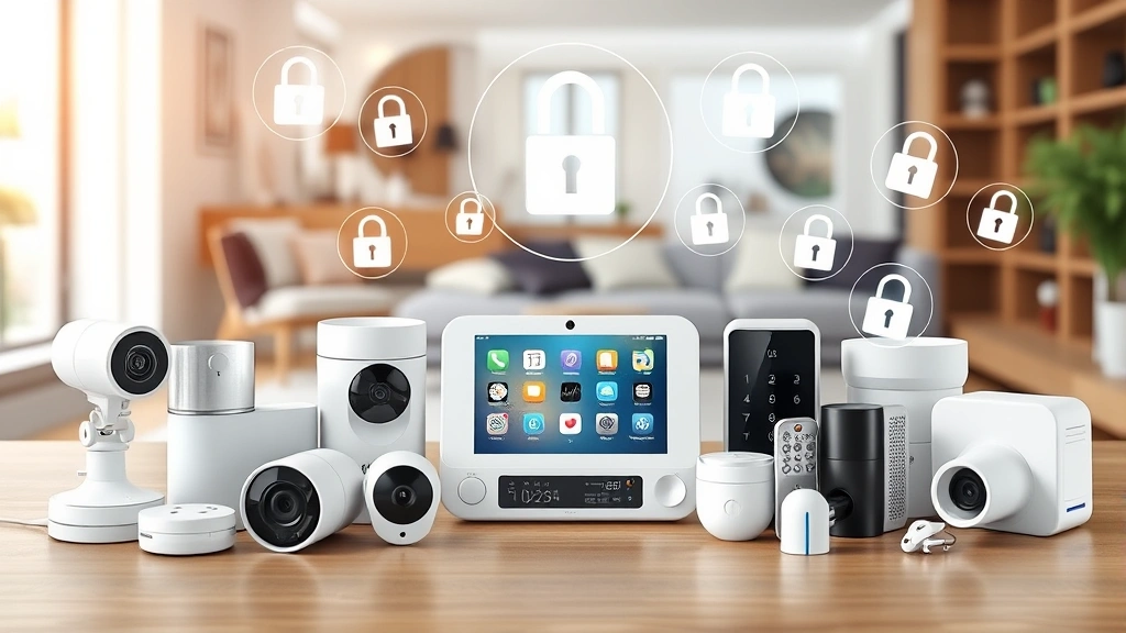 Smart home hub device surrounded by various connected security devices including cameras, motion sensors, and smart locks, digital security padlock symbols floating around, professional home environment with contemporary design aesthetic