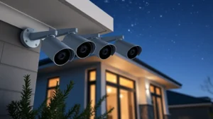 Professional home security camera system mounted on house exterior, showing multiple weatherproof PoE cameras connected to NVR device, outdoor nighttime residential setting with clear starry sky, photorealistic modern home architecture visible