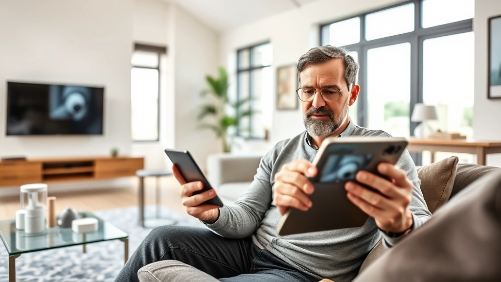 Homeowner reviewing security camera footage on mobile phone and tablet simultaneously, sitting in modern living room with smart home devices visible, confident expression examining surveillance data, natural daylight through windows, contemporary home interior