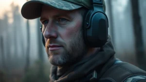 Close-up of a hunter wearing electronic earmuffs in a forest setting during early morning, with trees and mist in background, photorealistic detail on the protective equipment