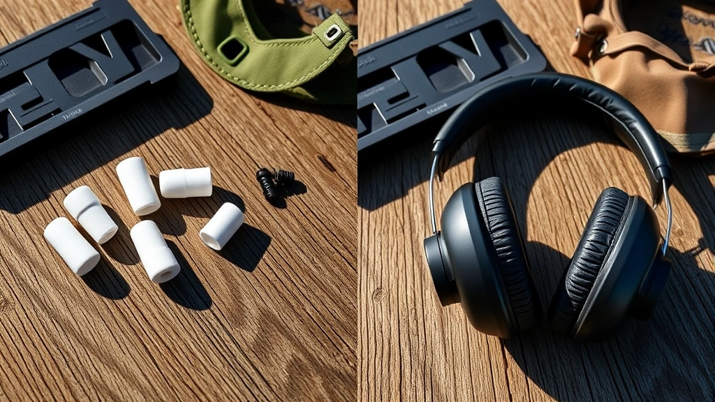Split-screen comparison showing foam earplugs and over-the-ear earmuffs laid out on a wooden surface with hunting gear nearby, natural lighting, detailed texture photography