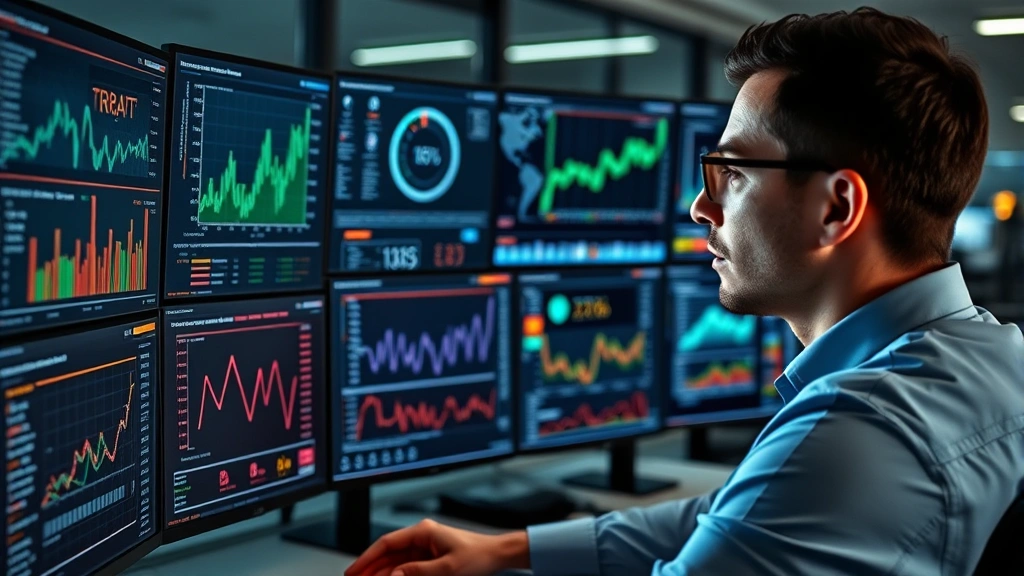 Professional cybersecurity analyst reviewing security dashboard with charts and graphs on multiple monitors, focused expression, modern office environment, photorealistic