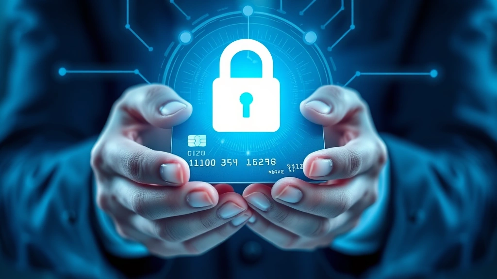 Person holding secure credit card with digital lock symbol appearing above it, hands in foreground, blue and silver color scheme, cybersecurity visualization, photorealistic