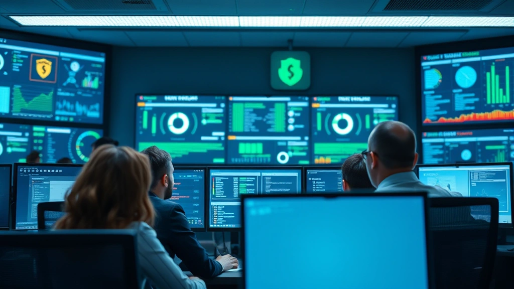Diverse team in security operations center monitoring threat intelligence displays, collaborative workspace, multiple screens showing data protection interfaces, professional lighting, photorealistic