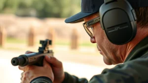 Professional shooter wearing discrete in-ear electronic hearing protection at outdoor range, focused expression, protective eyewear, daylight conditions, realistic detail on device insertion