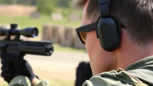 Professional shooter wearing custom-molded in-ear electronic hearing protection devices during tactical rifle training at outdoor range, demonstrating proper insertion and fit with focus on earpiece design and seal integrity