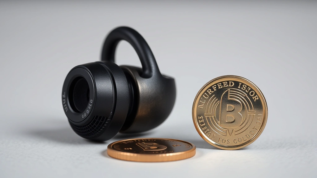 Close-up of advanced in-ear electronic hearing protection device next to coin for scale, showing microphone ports and acoustic components, professional product photography style, neutral background