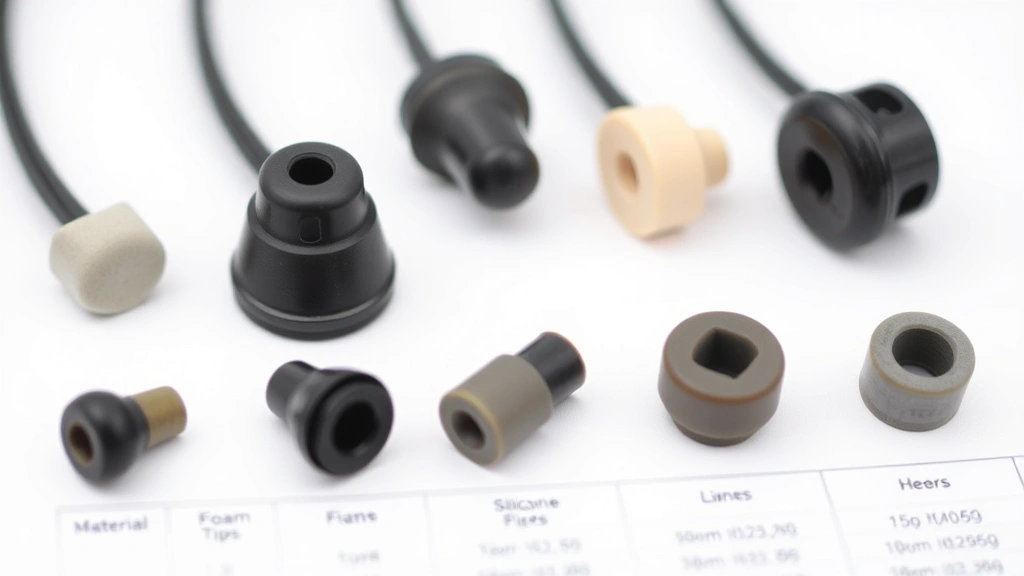 Close-up comparison of different in-ear hearing protection earpieces displaying various materials, sizes, and designs including foam tips, silicone options, and custom mold examples arranged on technical specifications chart