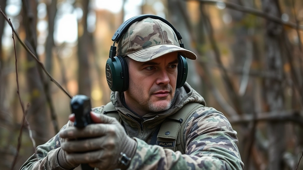 Hunter in camouflage gear using electronic hearing protection in forest environment, checking directional audio awareness, natural lighting, demonstrating practical field application