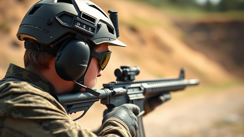 Competitive shooter wearing integrated in-ear hearing protection system with communication capability during dynamic range course, showing real-world usage in high-stress shooting environment with tactical gear and helmet compatibility