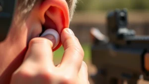 Close-up of person inserting foam earplugs into ear during shooting range visit, showing proper insertion technique with natural lighting and focus on earplug fit